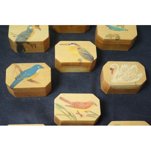 154 - Collection of 11 Aged Hand Made and Hand Painted Small Boxes with Silk Lining - Each Box Has a Bird ... 