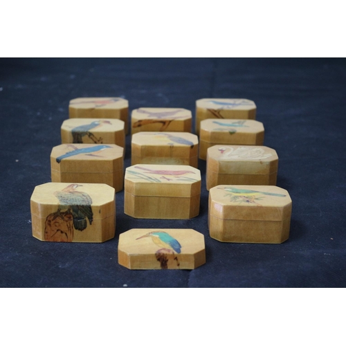 154 - Collection of 11 Aged Hand Made and Hand Painted Small Boxes with Silk Lining - Each Box Has a Bird ... 