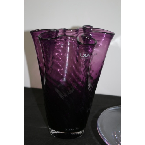 172 - LSA Lilac Glass Vase 24cm Tall plus Folded Art Glass Bowl