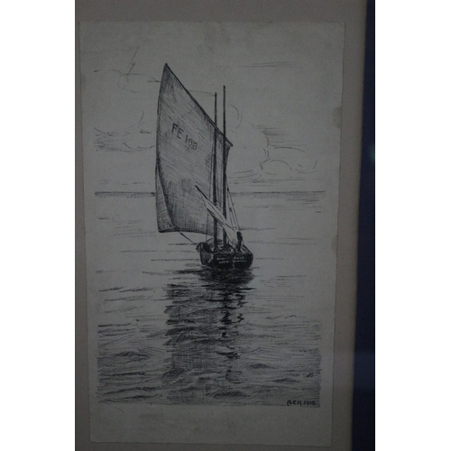 194 - 3 x Etchings of Boats (Although one may be a watercolour), by AEK, Early 20th Century