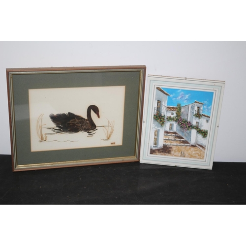 200 - Aged Real Feather Picture of a Black Swan plus an Acrylic Original Painting of a Possible Greek Vill... 