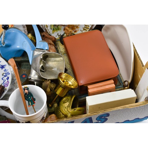 238 - A Box Of Mixed Items Including Plates And A Blue Meat Grinder