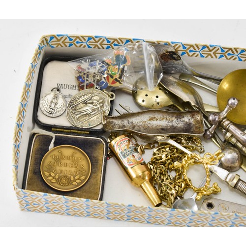 249 - A Tray Of Interesting Items Including EPNS Cutlery, A Religious Medallion And Knife Holder