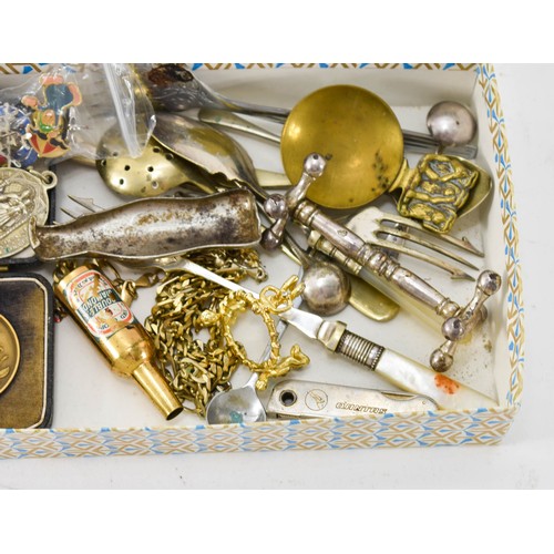 249 - A Tray Of Interesting Items Including EPNS Cutlery, A Religious Medallion And Knife Holder