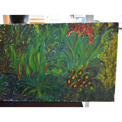 293 - An Extremely Long Original Painting On Canvas Of A Garden. 170cm x 50cm.