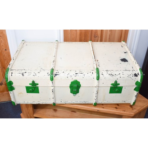 64 - A Vintage Travel Steamer Trunk Painted White With Green Detailing