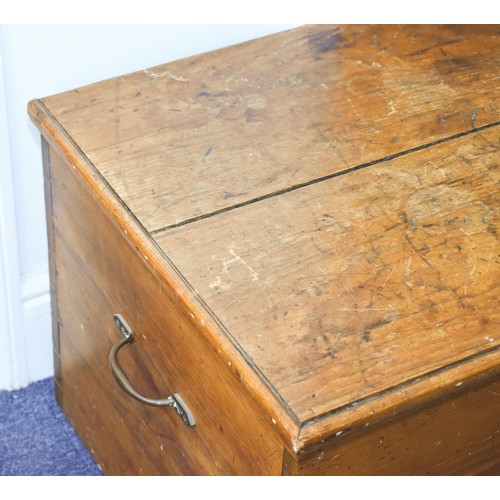 2 - A Delightful Antique Aged Pine Storage Chest Featuring An Interior Candle Box And Brass Handles. 110... 