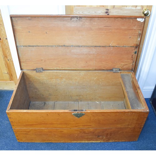 2 - A Delightful Antique Aged Pine Storage Chest Featuring An Interior Candle Box And Brass Handles. 110... 