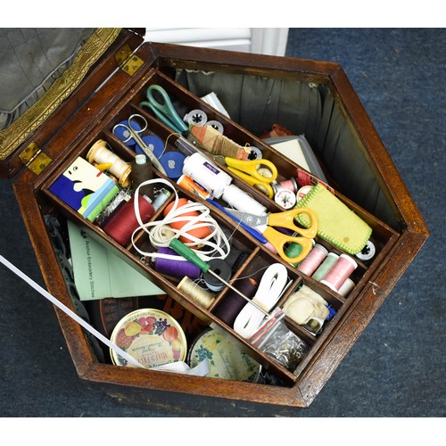 327 - A Hexagonal Wooden Sewing Box And Contents. 40cm x 40cm x 40cm.