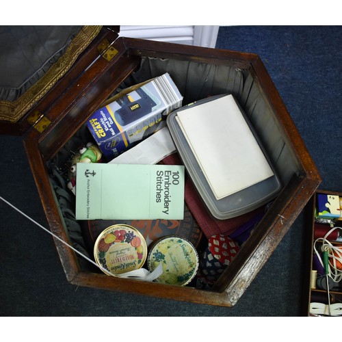 327 - A Hexagonal Wooden Sewing Box And Contents. 40cm x 40cm x 40cm.