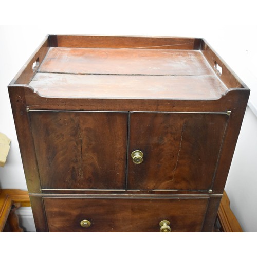 347 - An Antique Dark Wooden Cabinet Featuring A Commode Drawer With Original Pot and Cover