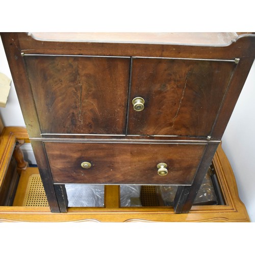 347 - An Antique Dark Wooden Cabinet Featuring A Commode Drawer With Original Pot and Cover