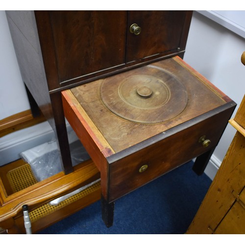 347 - An Antique Dark Wooden Cabinet Featuring A Commode Drawer With Original Pot and Cover