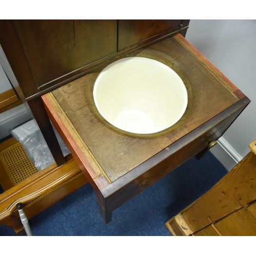 347 - An Antique Dark Wooden Cabinet Featuring A Commode Drawer With Original Pot and Cover