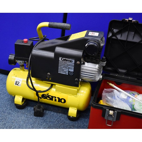 362 - A Cosmo Air Compressor Plus A Toolbox Full Of Various Attachments