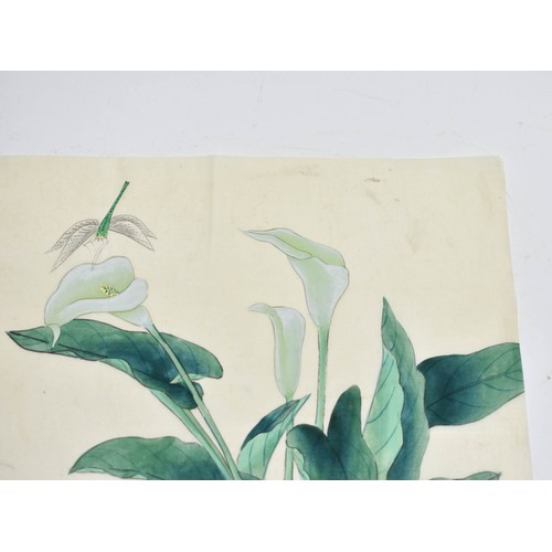 387 - Oriental Hand-Painted Lilies On Silk + One Other Print