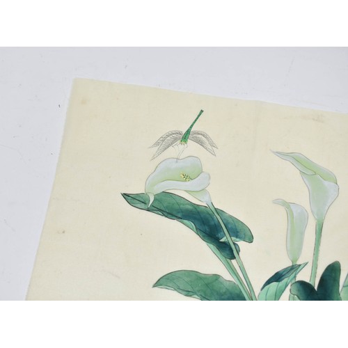 387 - Oriental Hand-Painted Lilies On Silk + One Other Print