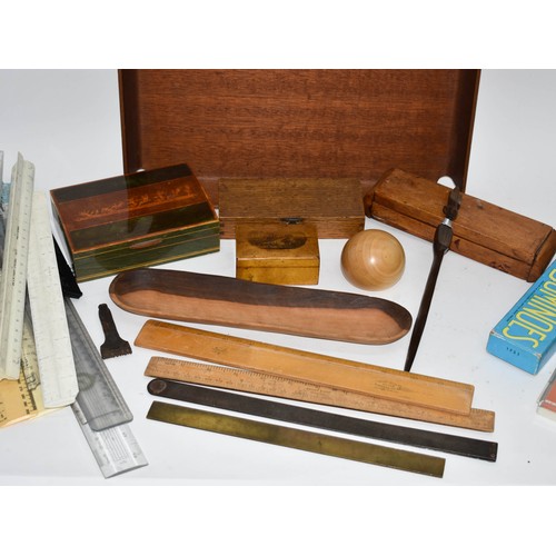 390 - An Assortment Of Wooden Items Including Vintage Boxes, Rulers And Dominoes