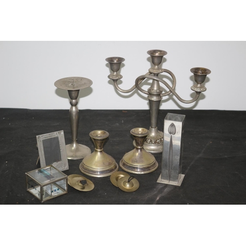 231 - Mackintosh Pewter Vase & Picture Frame, Various Candlesticks and More