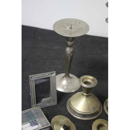 231 - Mackintosh Pewter Vase & Picture Frame, Various Candlesticks and More