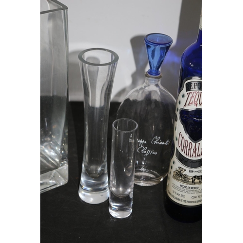 409 - A Selection of Heavy Vases and Handmade and Coloured Glass Bottle