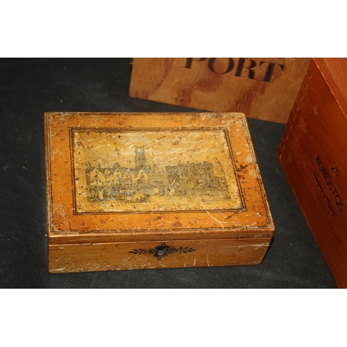 436 - 3 Wooden Boxes Including Cigar's, Port and Cathedral Decorated