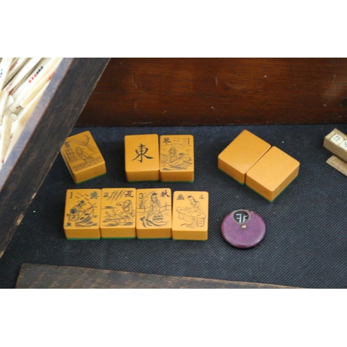 438 - Vintage Bakelite Mahjong Set in Old Wooden Boxes with what we believe are hand engraved pictures on ... 