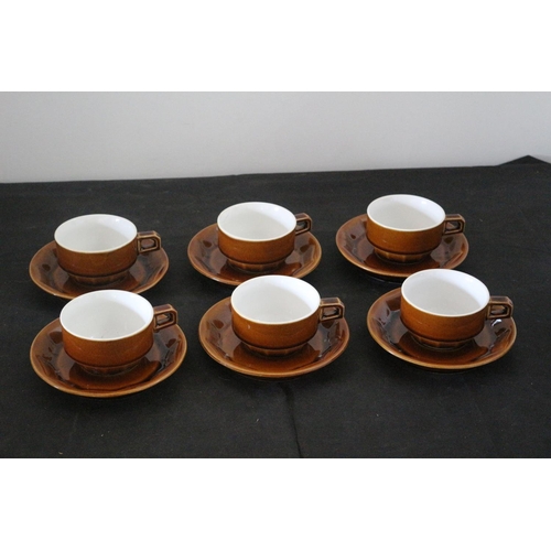 443 - Mid Century Brown 6 Cups and Saucers, 1 cup has a small chip on rim