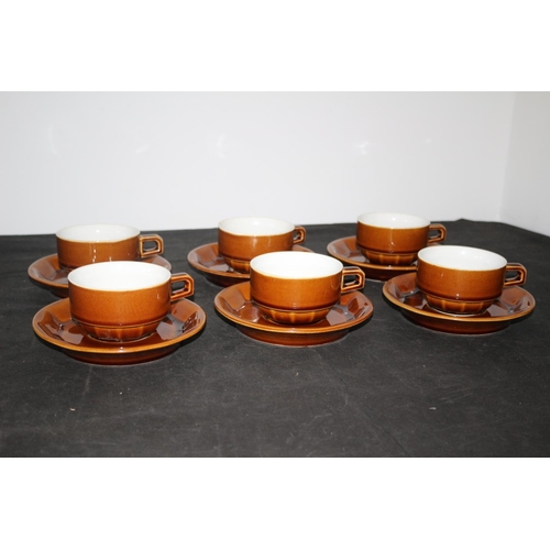 443 - Mid Century Brown 6 Cups and Saucers, 1 cup has a small chip on rim