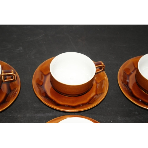 443 - Mid Century Brown 6 Cups and Saucers, 1 cup has a small chip on rim