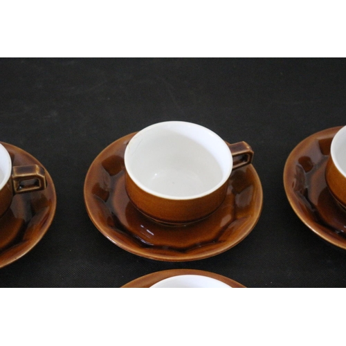 443 - Mid Century Brown 6 Cups and Saucers, 1 cup has a small chip on rim