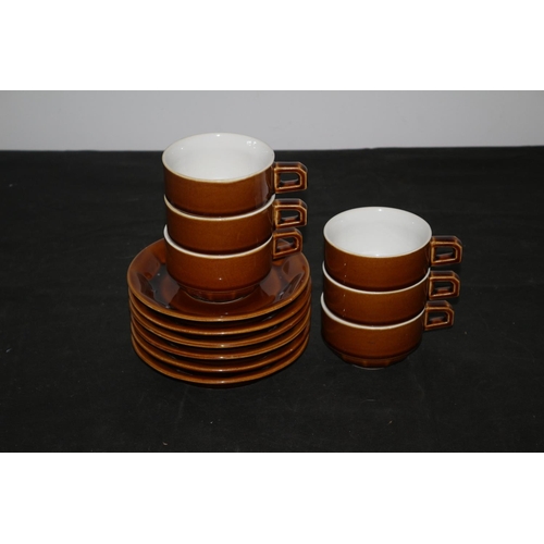 443 - Mid Century Brown 6 Cups and Saucers, 1 cup has a small chip on rim