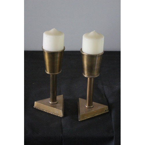 150 - Pair of Metal Candlestick Holders with Candles a Translucent Base 32cm with Candles