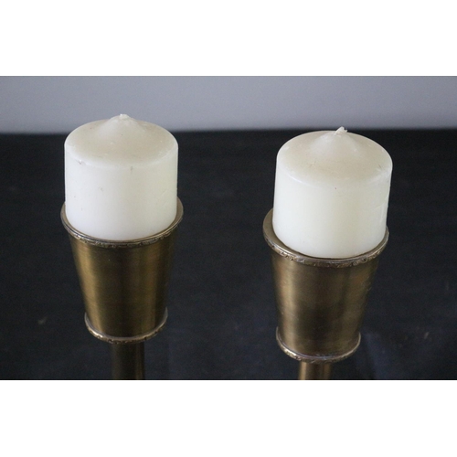 150 - Pair of Metal Candlestick Holders with Candles a Translucent Base 32cm with Candles