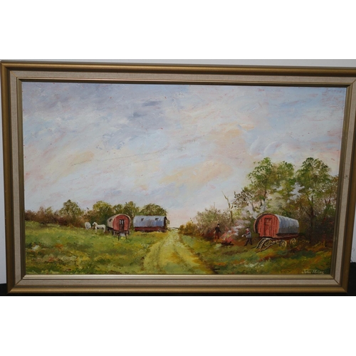 253 - Oil on Board painting  Titled Gipsy Camp by John Miller size 61 x 41 cm has slight marking to Sky