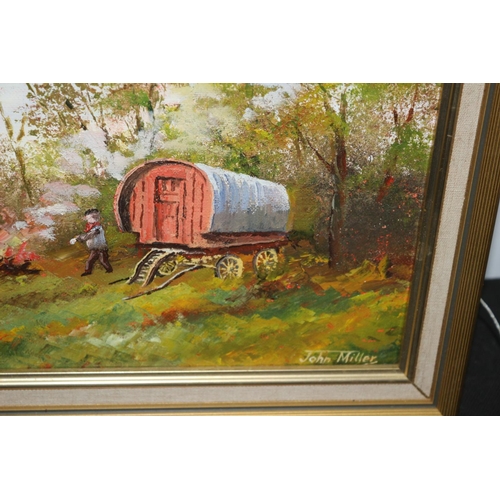 253 - Oil on Board painting  Titled Gipsy Camp by John Miller size 61 x 41 cm has slight marking to Sky