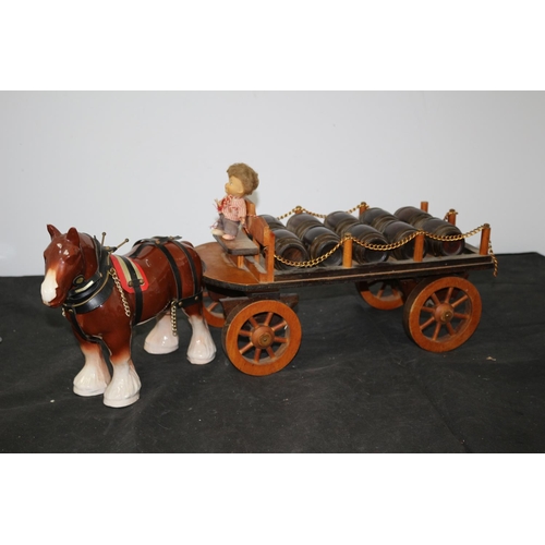 71 - Large China Horse with Beer Barrel Wooden Cart Chip on Horse Ear