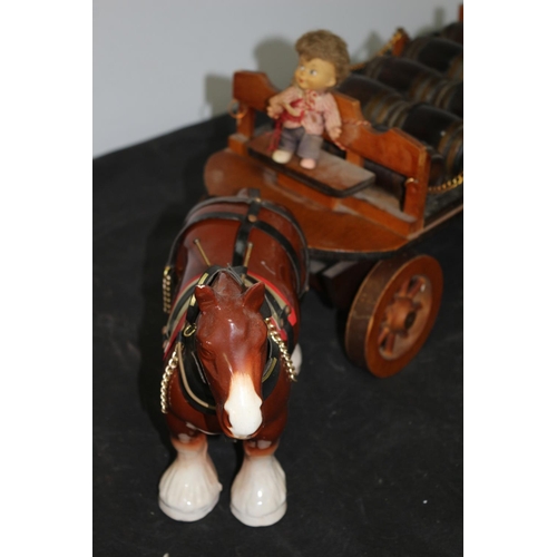 71 - Large China Horse with Beer Barrel Wooden Cart Chip on Horse Ear