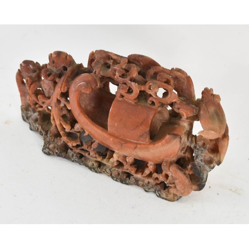 306 - An Intricately Carved Soapstone Sculpture Featuring A Boat. 19cm Length.