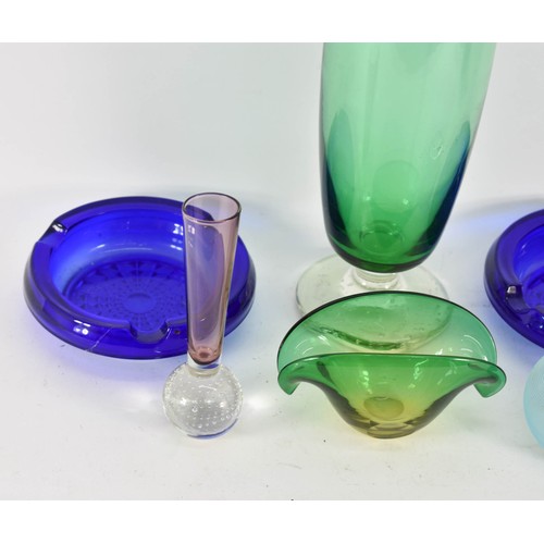 340 - A Collection Of 6 Art Glass Items Including 2 Blue Ashtrays And A Tall Hand Blown Green Vase.