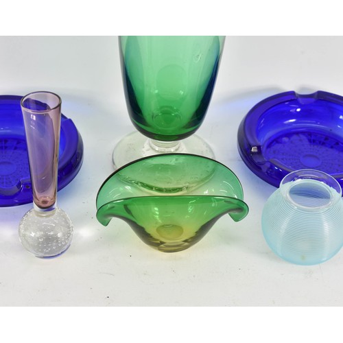 340 - A Collection Of 6 Art Glass Items Including 2 Blue Ashtrays And A Tall Hand Blown Green Vase.