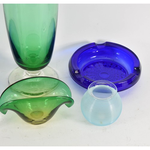 340 - A Collection Of 6 Art Glass Items Including 2 Blue Ashtrays And A Tall Hand Blown Green Vase.