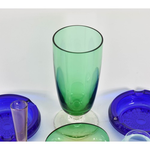 340 - A Collection Of 6 Art Glass Items Including 2 Blue Ashtrays And A Tall Hand Blown Green Vase.