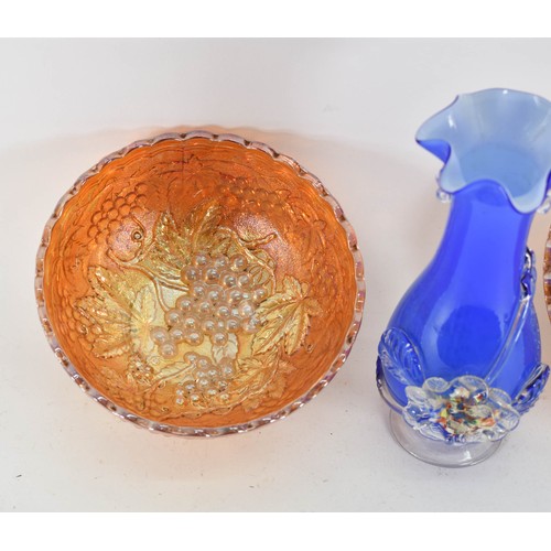 342 - A Collection Of 3 Art Glass Items Including 2 Carnival Glass Bowls And A Murano Flower Vase.