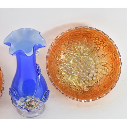 342 - A Collection Of 3 Art Glass Items Including 2 Carnival Glass Bowls And A Murano Flower Vase.