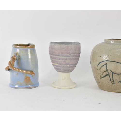 375 - A Collection Of 5 Studio Pottery Items Including A Twisted Stem Handle Cup And Horse Motif Pot. 10cm... 