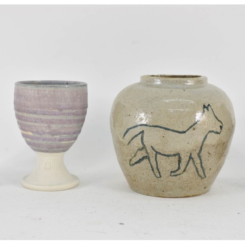 375 - A Collection Of 5 Studio Pottery Items Including A Twisted Stem Handle Cup And Horse Motif Pot. 10cm... 