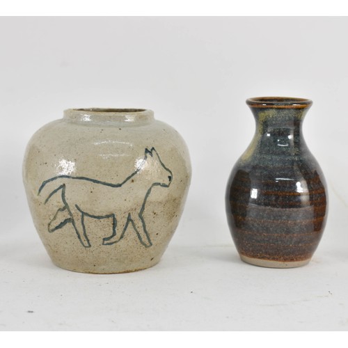 375 - A Collection Of 5 Studio Pottery Items Including A Twisted Stem Handle Cup And Horse Motif Pot. 10cm... 