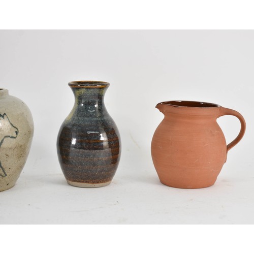 375 - A Collection Of 5 Studio Pottery Items Including A Twisted Stem Handle Cup And Horse Motif Pot. 10cm... 