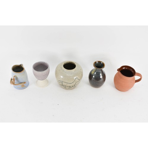 375 - A Collection Of 5 Studio Pottery Items Including A Twisted Stem Handle Cup And Horse Motif Pot. 10cm... 